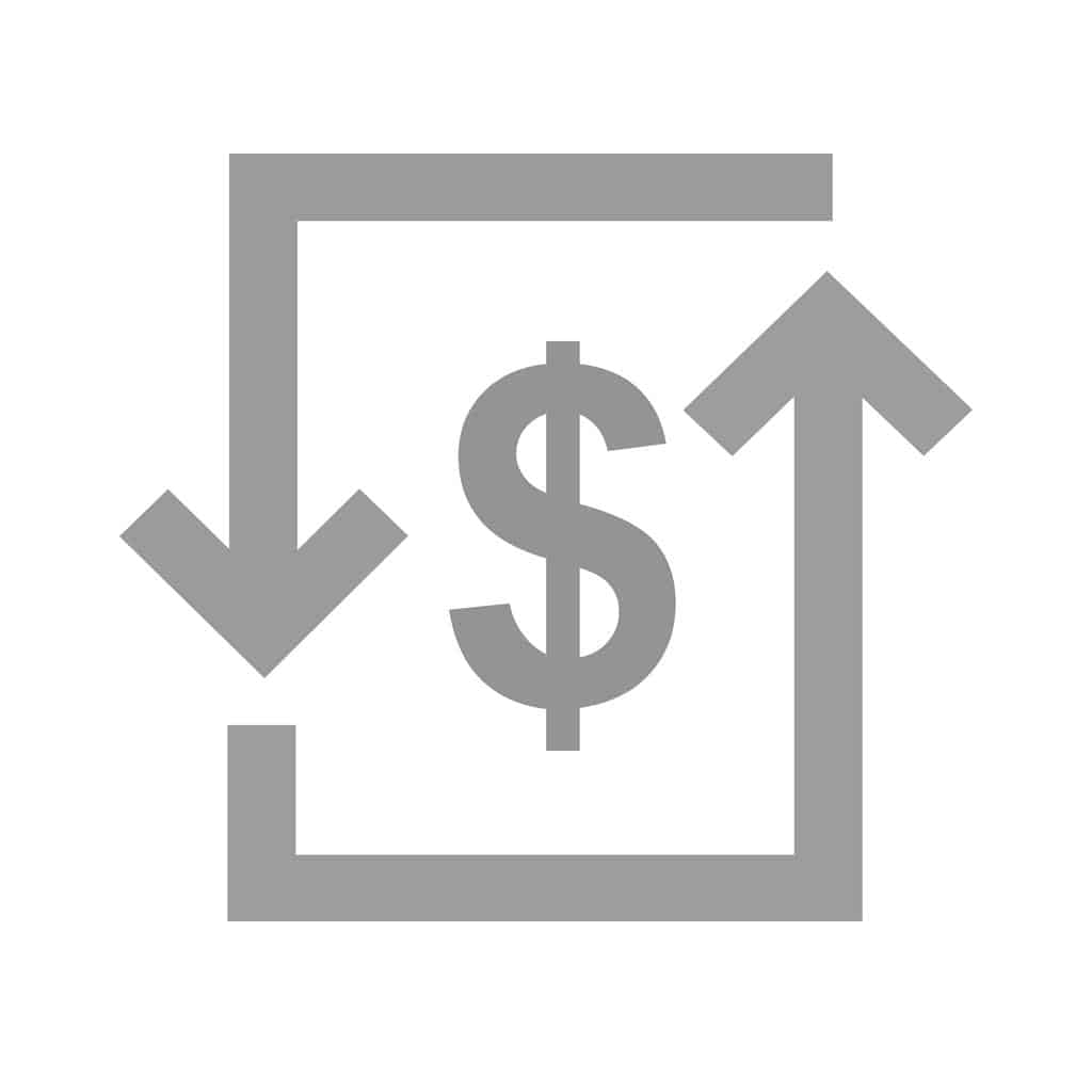 A grey dollar sign icon with a vertical rectangular border with arrows